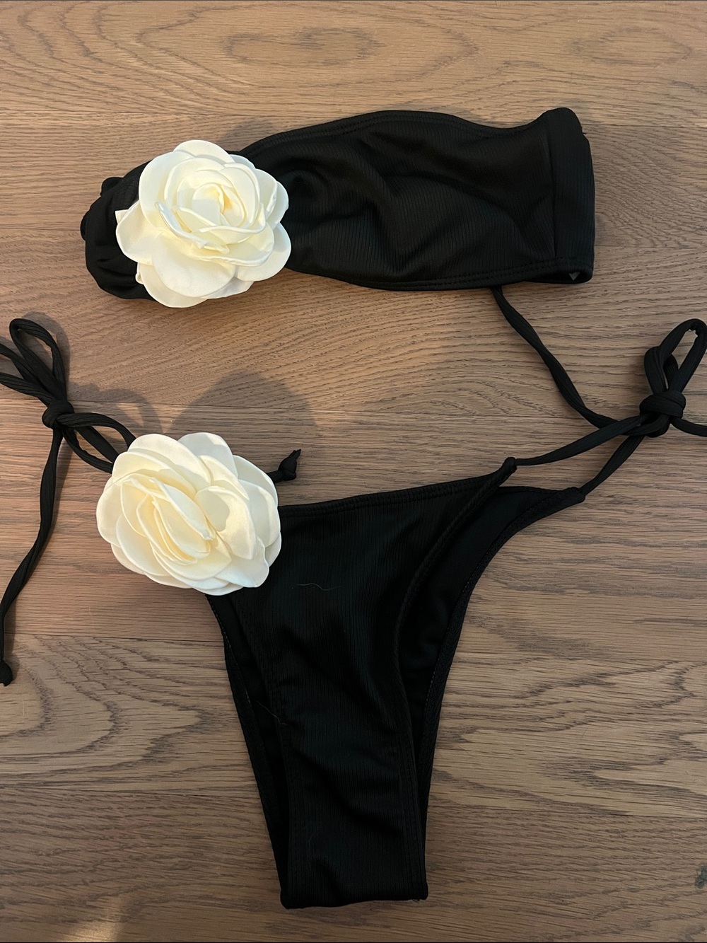SHEIN Black Bikini Set with Cream Floral Accents